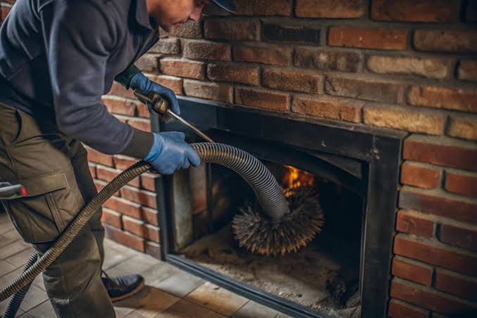 Fireplace and firebox cleaning with a professional brush and vacuum hose