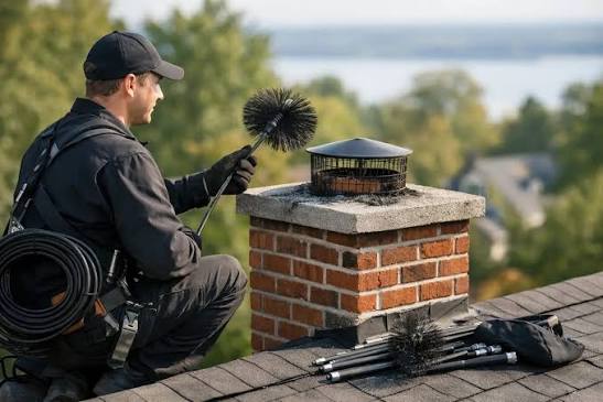 Chimney sweep brushing a rooftop chimney flue