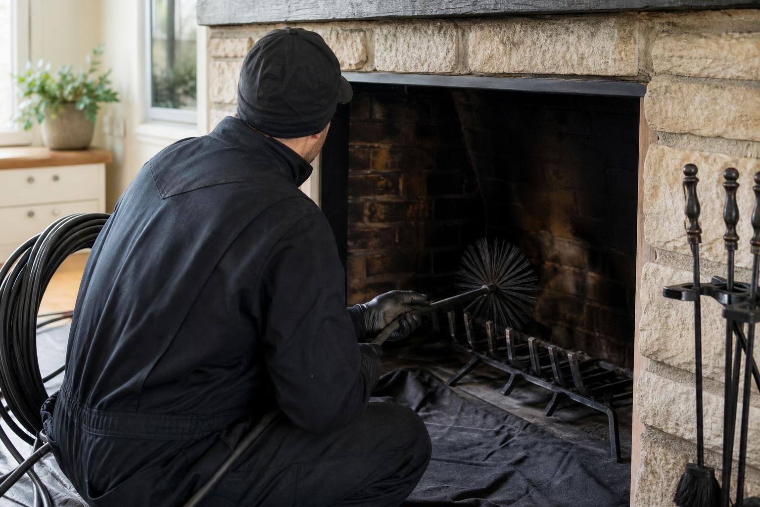 Chimney sweep cleaning the firebox of a residential stone fireplace