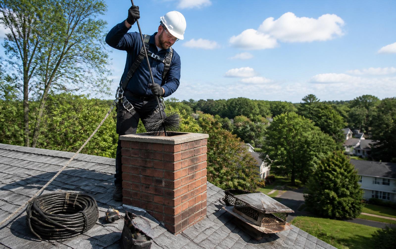 Chimney sweep using professional rooftop safety equipment